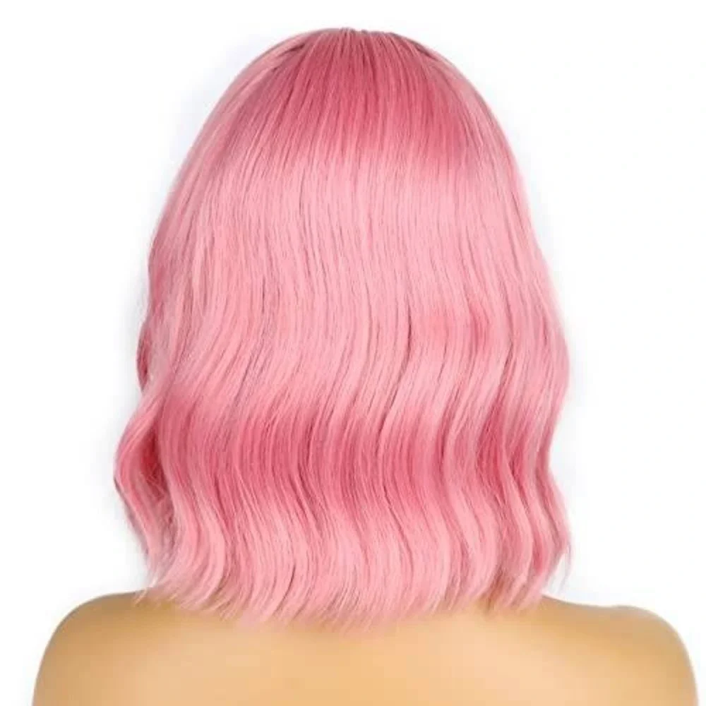 Pink Wavy‎ Bob Wig with Bangs Synthetic Heat Resistant Shoulder Length Cosplay